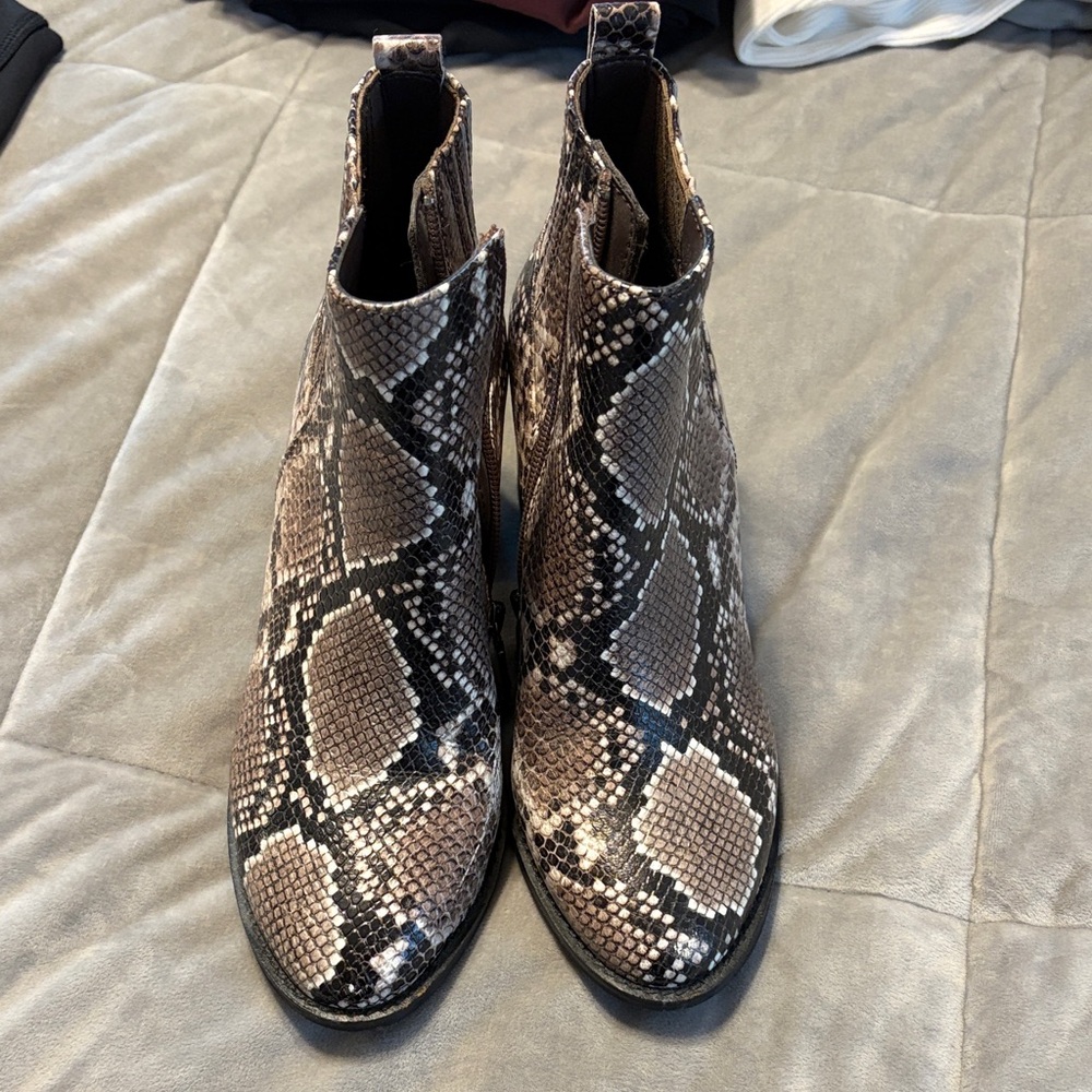 Blondo Snakeskin-Print Chelsea Ankle Boots in Taupe and Black